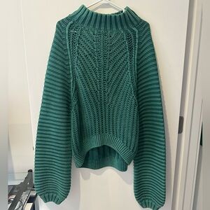 Free People Women's Green Mock Neck High Low Hem Chunky Cable Knit Sweater
